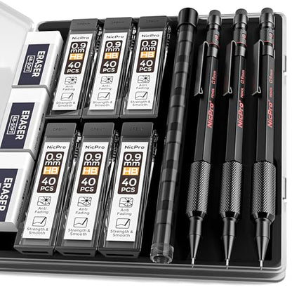 Nicpro 0.9 Metal Mechanical Pencil Set with Case, 3PCS | MP2000 Heavy Duty Lead Pencil + 6 Tube HB Lead Refill, Eraser, Weatherproof Metal Barrel for Outdoor Writing Drafting Drawing - size: 1 Count (Pack of 3)