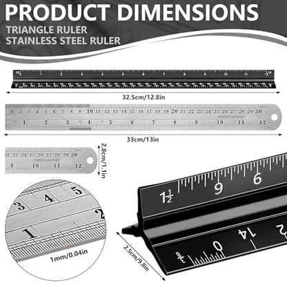 2-Piece Architectural Scale Ruler Set, 12-Inch Laser-Etched Aluminum Triangular Scale + Stainless Steel Straight Ruler, Inch/mm Conversion for Drafting, Blueprint Reading and Technical Drawing