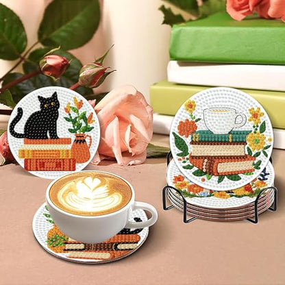gganmtere 8 PCS Cat Diamond Painting Coasters Kits Set,Books Diamond Coaster with Holder,5D DIY Full Drill Adult Diamond Art Present - color: JXBD97
