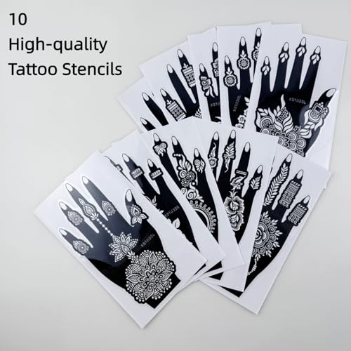 10 Sheets Temporary Tattoos Stencils, Reusable Hand Henna Tattoo Template - color: Deep Black