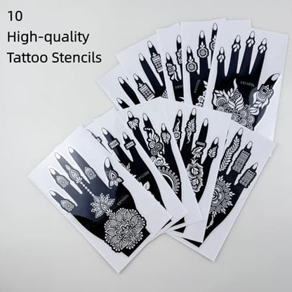 10 Sheets Temporary Tattoos Stencils, Reusable Hand Henna Tattoo Template - color: Deep Black