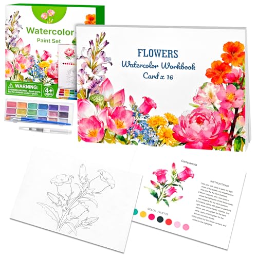 Beautiful Watercolor Book for Beginners, Water Coloring Book with 300GSM Paper, Glitters Colors Watercolor Paint Set with Brush, Watercolor Paint Book for Adults (Flower) - color: Flower
