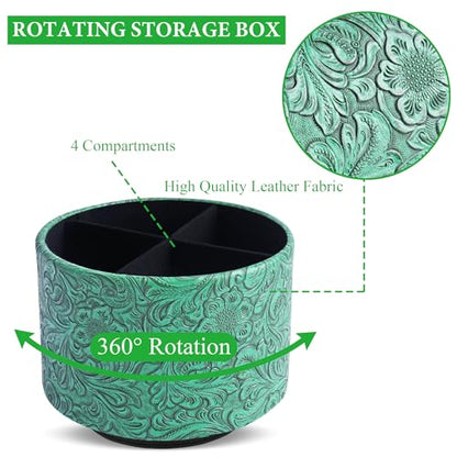 Round Leather Art Supply Organizer,Remote Control Holder,360 Degree Spinning,Multi-Functional Pencil Holder,4 Compartments Desktop Stationary Organizer(1-Carved Green) - color: 1-Carved Green