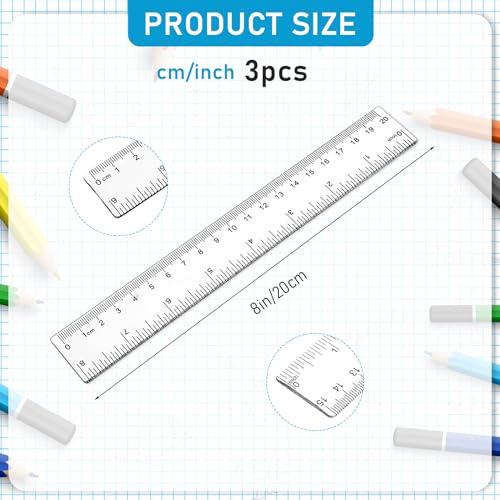 3 Pack 8 Inch Ruler Set Plastic Straight Ruler Transparent Measuring Tool Acrylic Clear Ruler for School Office Student(Transparent) - color: Transparent, size: 3 x 8 Inch