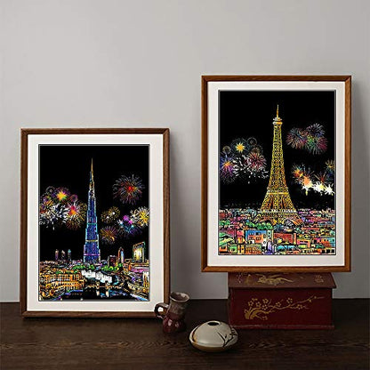 8-Sheet Rainbow Scratch Art with Tools for Adults & Teens, A4 Landmarks - color: Gray