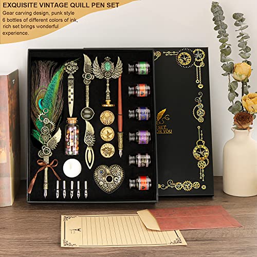 NC Quill Pen Ink Set, Feather Calligraphy Pen Set, Wax Seal Stamp Set, Valentine's Day Gift for Writing Lovers, Various Holiday Ideal Gift (Peacock Feather) - color: Peacock Feather