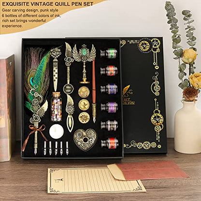NC Quill Pen Ink Set, Feather Calligraphy Pen Set, Wax Seal Stamp Set, Valentine's Day Gift for Writing Lovers, Various Holiday Ideal Gift (Peacock Feather) - color: Peacock Feather