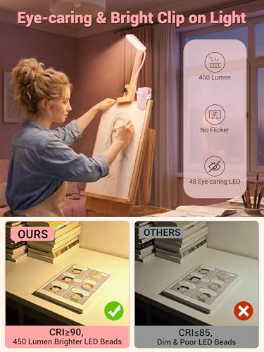Pink Desk Lamp for Dorm Lamp, 9 Brightness+5 Color Clip on Light, Cute Lamp - color: Pink