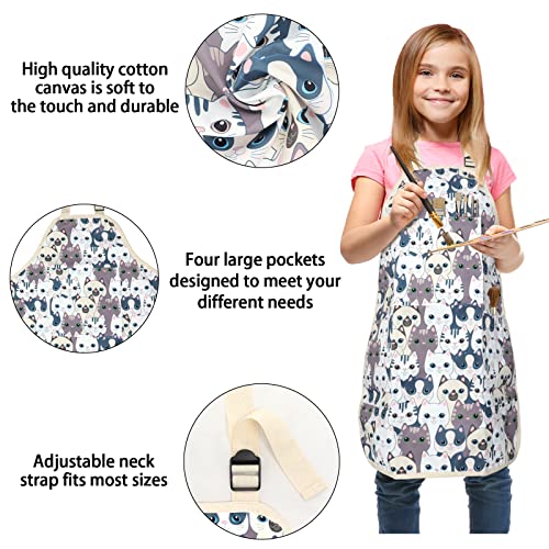 FreeNFond Kids Apron Adjustable Child Apron with 4 Pockets for Baking Painting - color: White Cat