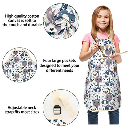 FreeNFond Kids Apron Adjustable Child Apron with 4 Pockets for Baking Painting - color: White Cat