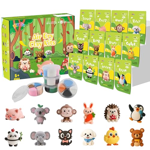 Nicella Air Dry Clay Kit, 12 Animals Modeling Clay for Kids, Model Magic Clay with Sculpting Tools and Tutorials, Safe & Non-Toxic, DIY Arts & Crafts School Projects, Home Party Favors for Boys Girls - color: Clay animals kit
