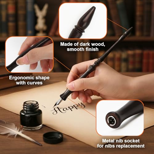 Dip Pen Holder Feather Quill Pen Kit Straight Retro English Calligraphy Nib Holder Handmade Antique Fountain Pens