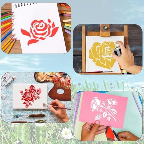 Rose Flower Stencil Set,5.9x5.9 Inch Reusable Flower Stencils Painting Crafts Templates for DIY Art Scrapbook Drawing Stencil for Painting on Wood, Wall, Furniture(4PCS)