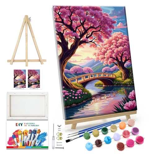 JOOZ 5D Landscape Paint by Numbers Kit for Adults with Frame, 8x12 Inch | Sakura Paint by Number with Easel, Mountain Adult Paint by Number Kits Framed Canvas, Flowers Oil Painting Kits, Home Decor - color: Cherry Blossom 065