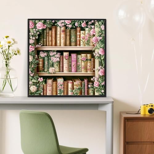 GEWOUVIN Vintage Flower Bookshelf Diamond Art Kits for Adults,Diamond Painting Kits for Adults Beginners, DIY Full 5D Round Drill Gem Art Kits for Gift Home Wall Decor【13.8x13.8inch】 - color: JW-112