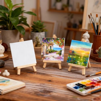 Motimind 36 Pcs 4 x 4 Mini Canvas and 6" Easel Set Bulk for Paint Party | Painting Art Crafts for Back to School Classroom Birthday Valentine Christmas Mother's Day End of School Year Gifts - size: 4 x 4 Inch