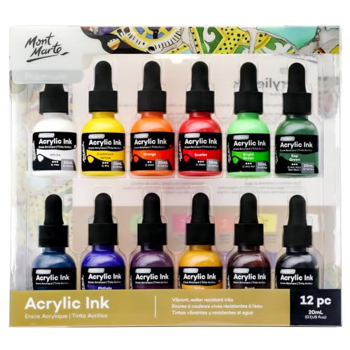 Mont Marte Acrylic Ink Premium 12pc x 20ml (0.7 US fl.oz), Acrylic Inks for Artists, Essential Colors, Ideal for Air Brush, Pouring Art, Scrapbooking, Ink Drawing, Mixed Media - color: Multicolor, size: 0.7 fl oz