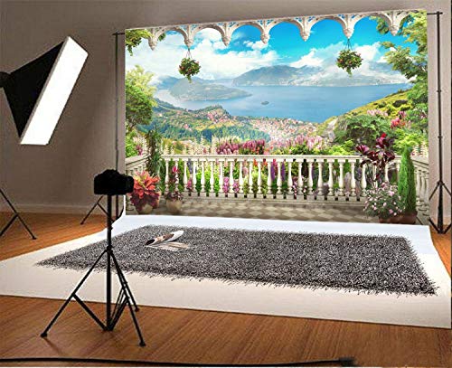 AOFOTO 12x10ft Retro Garden Terrace Backdrop Beautiful Balcony Scenery Photography Background Vintage Archway Landscape Girl Bride Portrait Seascape Romantic Wedding Photo Studio Props Vinyl Wallpaper - size: 12x10ft