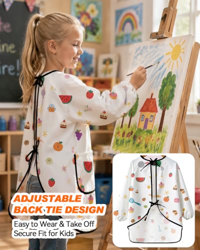 MINIQ Kids Art Smock,Waterproof Painting Apron Artist Smocks with Pocket Long Sleeves - color: Pink Kitchen Fun, size: XXXL for Age 8-14