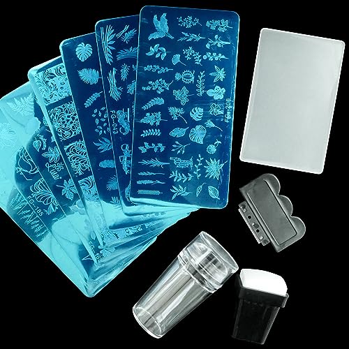 AddFavor Nail Stamper Kit 7pcs Nail Stamping Plates Flower Leaf Maple Nail Stencils with 2 Stamp and 2 Scraper for Home Salon Manicure Design Supplies Tools - color: Style B