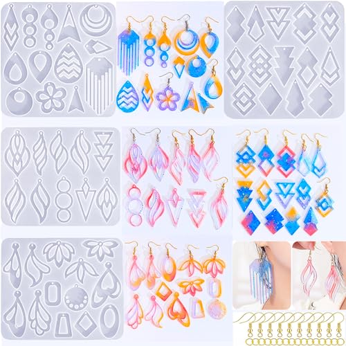 104Pcs Geometric Resin Earring Molds Kit, Irregular Shaped Earrings Silicone Mold for Epoxy Resin Dangle Drop Jewelry Molds Making Kit with 100 Earring Hook for Earrings Necklace Pendants (clear) - color: clear