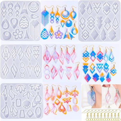 104Pcs Geometric Resin Earring Molds Kit, Irregular Shaped Earrings Silicone Mold for Epoxy Resin Dangle Drop Jewelry Molds Making Kit with 100 Earring Hook for Earrings Necklace Pendants (clear) - color: clear