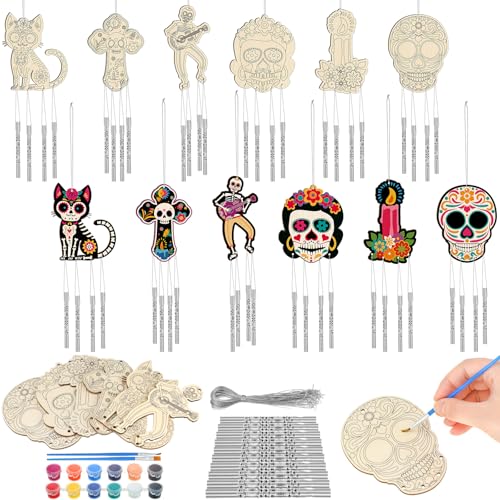 Silipull 24 Sets the Day of Dead Skull Wood Wind Chime Kit for Kids | Unfinished Wooden Chimes with Paints, Color Your Own Designs, School Projects, Party Crafts, Home Hanging Ornaments - style: the Day of Dead