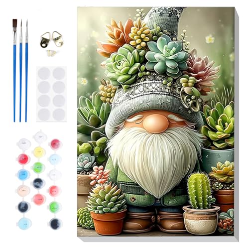 Bowetile Framed Paint by Numbers Gnome Kit for Adults, Adults' Paint-by-Number Kits on Canvas, Painting by Numbers Succulents, DIY Acrylic Number Painting for Home Wall Decor, 8x12in - color: Succulents, Gnome