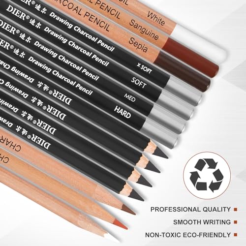Geyoga 36 Pcs Charcoal Drawing Set Black White Brown Charcoal Pencils for Sketching, Shading, Blending, Portrait, for Beginners & Artists