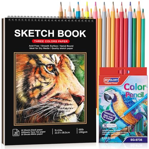 9×12 Sketchbook Kit with 36 Colored Pencils, 30 Sheets, Black | Acid-Free 100gsm Paper, Top Spiral Binding, Tear-Out Pages, Hard Cover, for Sketching And Dry Media - size: 9x12 inch Kit