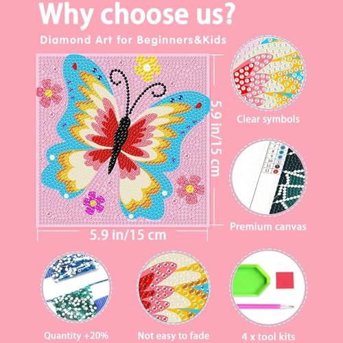 Butterfly Diamond Art Painting Kit for Kids, Diamond Art Kits for Beginners | 4 PCS Butterflies Gem Rhinestone 5D Full Drill DIY Gem Painting Crafts for Girls Boys Ages 8-12 for Home Wall Decor 6x6 inch - color: 4WDXZ-004