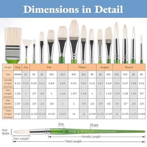 Falling in Art 15 Pcs Professional Oil Paint Brush Set, Natural Hog Bristle - color: Green