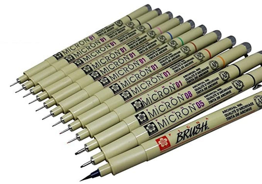 Sakura Pigma Micron 12 Fineliner Brush pen Archival ink Colored pens, Creative Artist drawing set with Pen pouch, Brush tip Assorted colors with Black (01, 05, 08)