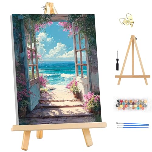 EOBROMD Framed Paint by Numbers Kits for Adults with Wooden Easel, Scenery Landscape DIY Kits Crafts for Beginner on Stretched Canvas, 3 Brushes and Acrylic Paint for Home Decor 10x14 Inch - color: LG054
