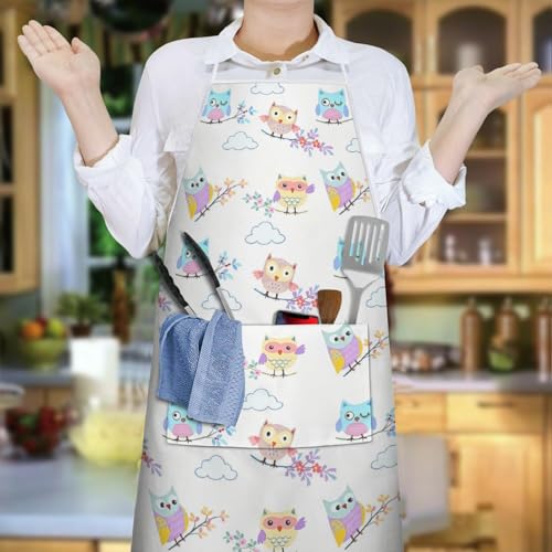 Apron with 2 Pockets,Kitchen Chef Artist Aprons for Cooking Gardening Baking Painting, Waterproof Apron 33" x 27" - color: Owl