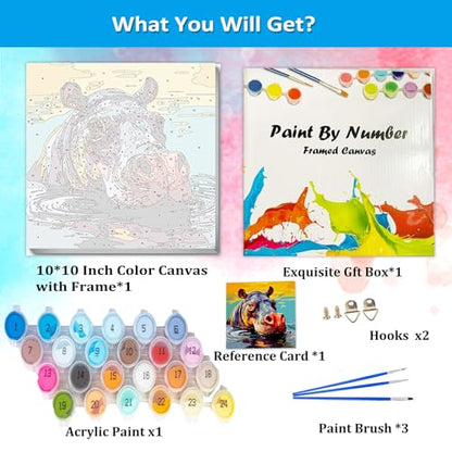 Artunion Framed Paint by Numbers Kit for Adults Beginners & Kids Ages 8-12,Colorful Hippo Paint by Number with Frame,Animal Watercolor Paint by Numbers Kit on Canvas 10 * 10 Inch Without Easel - color: ZXT-389-F