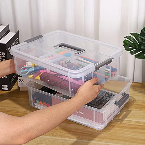 JUXYES 2-Tiers Plastic Stack Carry Storage Containers Box wih Handle Lids - color: Dark Gray