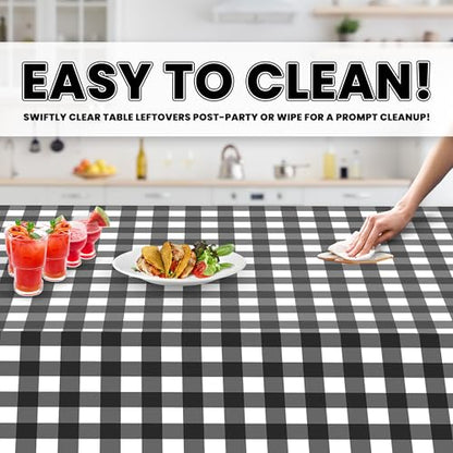 Grandipity Plastic Table Cloth Disposable 12 Pack 54” x 108” Rectangle | Black Gingham Plastic table covers, durable disposable tablecloths, fade and tear-resistent table cover for party, event - color: Black Gingham, size: 54in. x 108in. Rectangle
