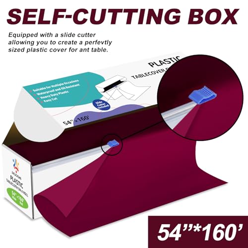 54IN X 160FT Plastic Table Cover Roll with Cutter Box, Cut to Size Plastic Table Cloths for Parties, Birthday, (Burgundy, 54"x1920") - color: Burgundy, size: 1920" x 54" (Rectangular)