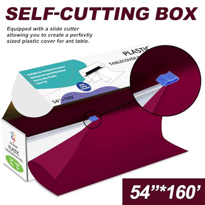 54IN X 160FT Plastic Table Cover Roll with Cutter Box, Cut to Size Plastic Table Cloths for Parties, Birthday, (Burgundy, 54"x1920") - color: Burgundy, size: 1920" x 54" (Rectangular)
