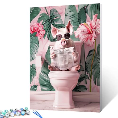Tucocoo Colorful Pink Pig DIY Paint by Numbers for Adults Pig on Toilet Painting Kits for Beginner Canvas Acrylic Paint Drawing Paintwork with Paintbrushes Arts Craft Home Wall Decor16x20in Frameless - color: Paint by number-Closestool 03, size: 16''x20''