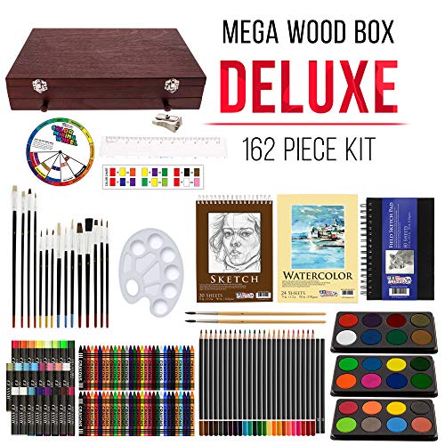 U.S. Art Supply 162-Piece Mega Wood Box Artist Kit for Painting, Drawing | Art Supplies for Adults - 24 Each (Watercolors, Oil Pastels, Pencils), 60 Crayons & 2 Brushes - Art Kit for Adults, Gift Set - size: 162-Piece