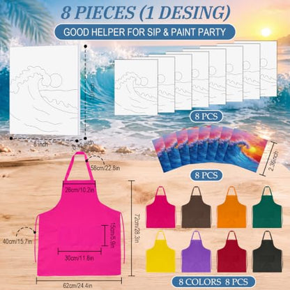 Cholemy 8 Set Paint and Sip Kit for Adults 8'' x 10'' Pre Drawn Canvas with Wooden Easels Acrylic Paint Brushes Wash Cup Palette Apron for Painting DIY Date Night Party Supplies(Sea Wave) - style: Sea Wave