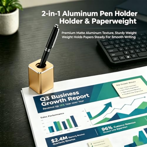 Pen Stand for Desk, 2-in-1 Single Pen Holder & Paperweight, Gold | Aluminum Alloy, 16mm ID, 5cm H, Non-slip Base, Minimalist Organizer for Fountain Pen Stylus, Office Home School Use - color: Gold, size: Tall - 1P