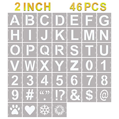 YEAJON 46 Pcs 2 Inch Letter Stencils Symbol Numbers Craft Stencils, Reusable Alphabet Templates Interlocking Stencil Kit for Painting on Wood, Wall, Fabric, Rock, Sign - size: 2 INCH