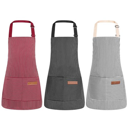 3 Pack Stripes Kids Apron, Adjustable Kids Cooking Aprons with 2 Pockets, Cute Chef Baking Aprons for Boys and Girls - color: Black + Grey + Red, size: 45x50cm