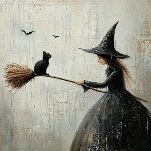 Witch Black Cat Diamond Painting Kit for Adults,Halloween Diamond Art Kit | DIY Full Round Drill Gem Painting Retro Witch on Broom Paint by Diamonds Relaxing Craft for Home Wall Decor 13.7x13.7In - color: KM1293-1