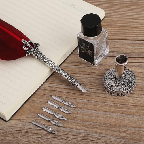 Greensen Vintage Quill Dip Pen Set with Ink, Antique Calligraphy Pen for Writing, Drawing, Signing, Complete Kit with 6 Nibs, Stand, Gift Box for Adults Teens Christmas Gift