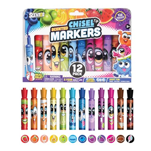 Scentos Scented Chisel Tip Markers 12 Pack, With Fruit Scent, 12 Assorted Colors, Different Fruity Each, Washable Markers, Marker for Kids, for Posters and Science Fairs, Super Washable Ink. - size: 1 Count (Pack of 12)