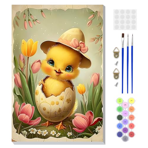 DOMROM Framed Paint by Numbers Kit for Adults, Chick DIY Paint by Number Kits on Canvas, Easy Animal Painting by Numbers for Home Wall Decor Gift 8x12 Inch - color: PK035